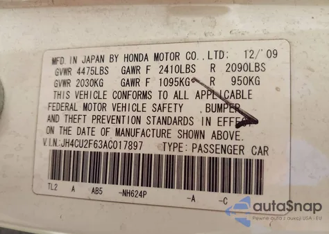 2010 Acura Tsx 2.4 z USA, uszkodzony, nr VIN JH4CU2F63AC017897
